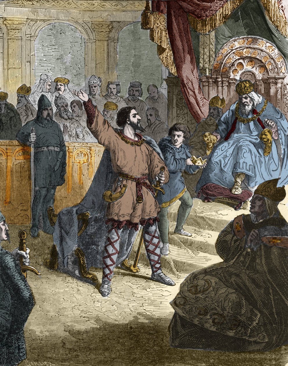 Louis IV av Outremer (oversjøisk, oversjøisk) (921 - 954), konge av Frankrike ved konsilet (synoden) i Ingelheim i Tyskland i 948 før Otto I av Det hellige rike (912-973). Gravering i "" Histoire De France En Cent-malerier av Paul Lehugeur "" 1891. av Unknown artist