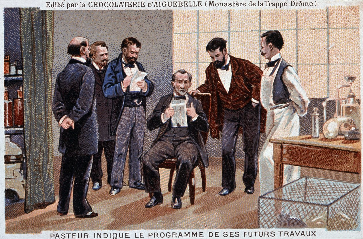 Louis Pasteur, en fransk vitenskapsmann (1822-1895), indikerte programmet for hans fremtidige arbeid, omgitt av samarbeidspartnere - sjokoladereklamemerket til Aiguebelle, v. 1895. av Unknown artist