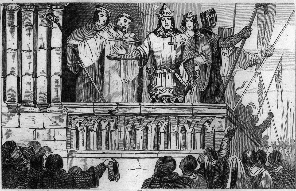 Louis VII (1120-80) den unge hever støtte for det andre korstoget i 1144 - Ludvig VII foretar det andre korstoget etter råd fra Saint Bernard de Clairvaux (San Bernardo di Chiaravalle) - Gravering 1825 i "Histoire de France representert ved synoptisk av Unknown artist