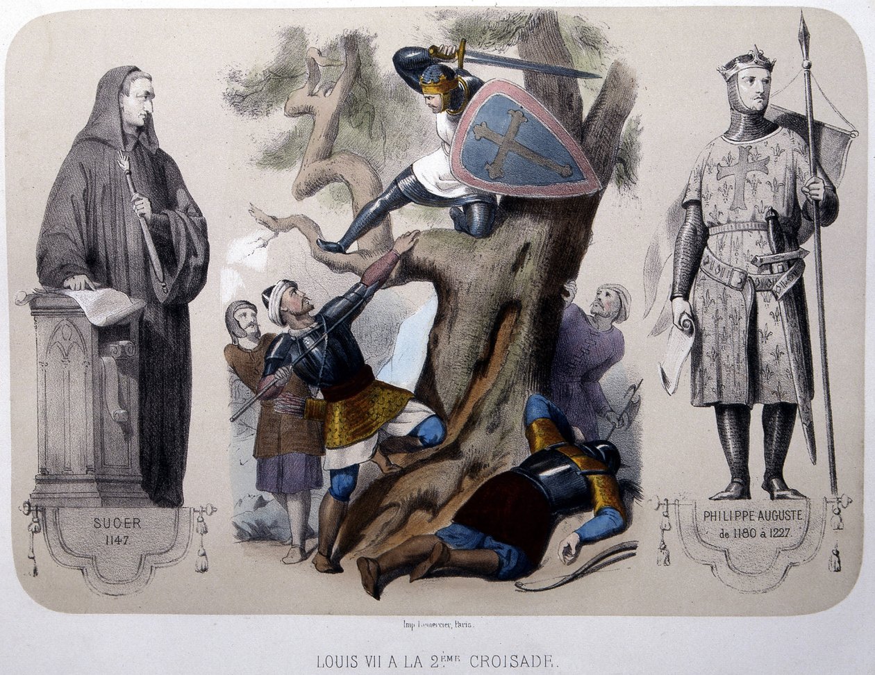 Louis VII kjemper mot sarasenerne under det andre korstoget - litografi, sent på 1800-tallet av Unknown artist