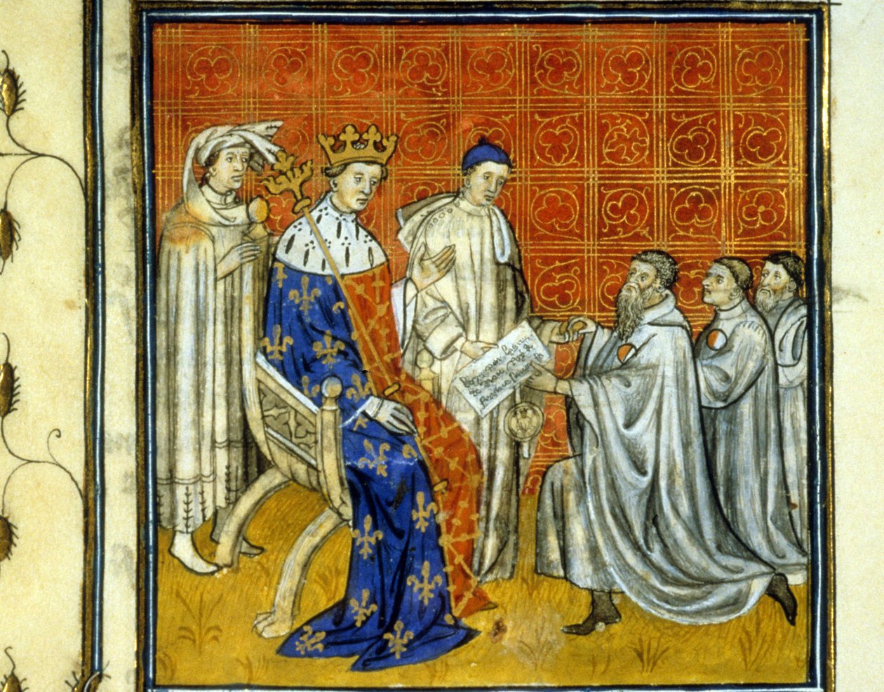 Louis X (1289 - 1316) gir et charter til jødene i kongeriket - Forløsning av jødene, i 1315, av deres rett til å returnere til kongeriket Frankrike etter utvisningen av 1308 av Filip Bel. De kan identifiseres med det hvite og røde hjulet. Illumina av Unknown artist