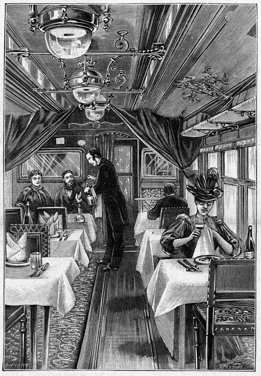 Luksustog i Europa: innvendig utsikt over en restaurantvogn. Gravering i "" Natur: gjennomgang av vitenskapene og deres anvendelser på kunst og industri"" av 1. mai av Unknown artist