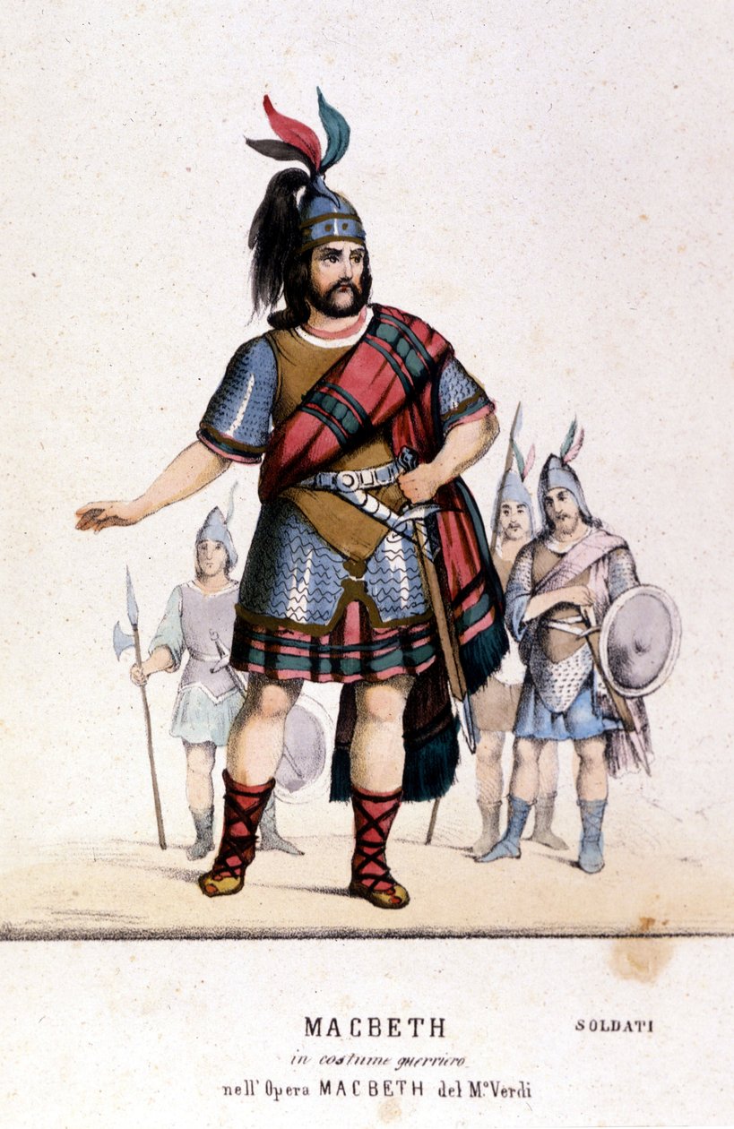 Macbeth-karakter i krigerkostyme i operaen med samme navn av Giuseppe Verdi (1813 - 1901) etter arbeidet til William Shakespeare. 1847. Gravering. av Unknown artist