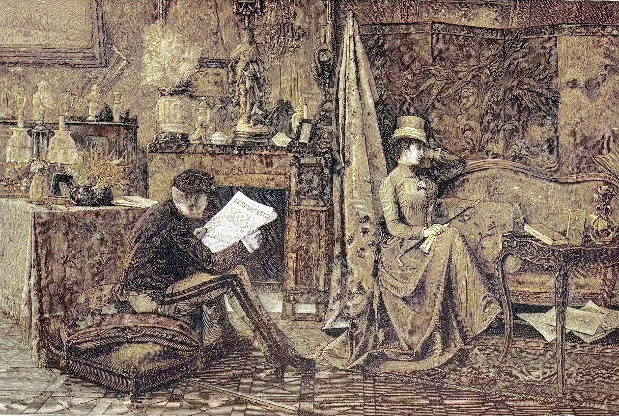Madame Sulking, par, han leser avisen og hun sitter på sofaen og er fornærmet av Unknown artist