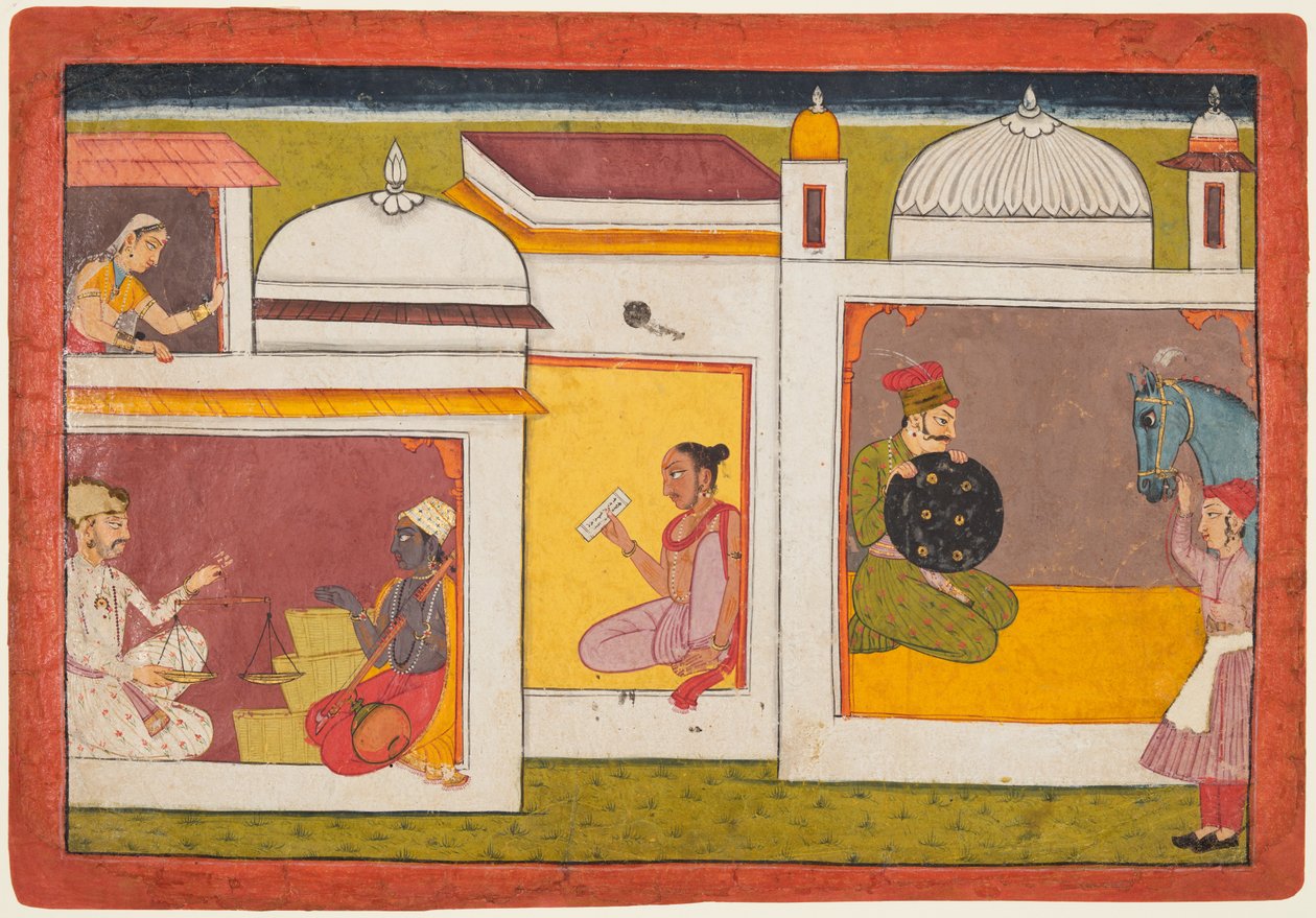 Madhava står overfor en mann som holder en vekt, fra en Madhavanala Kamakandala av Unknown artist