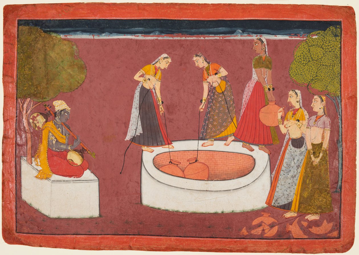 Madhava spiller sin Vina før fem kvinner trekker vann fra en brønn, fra en Madhavanala Kamakandala av Unknown artist