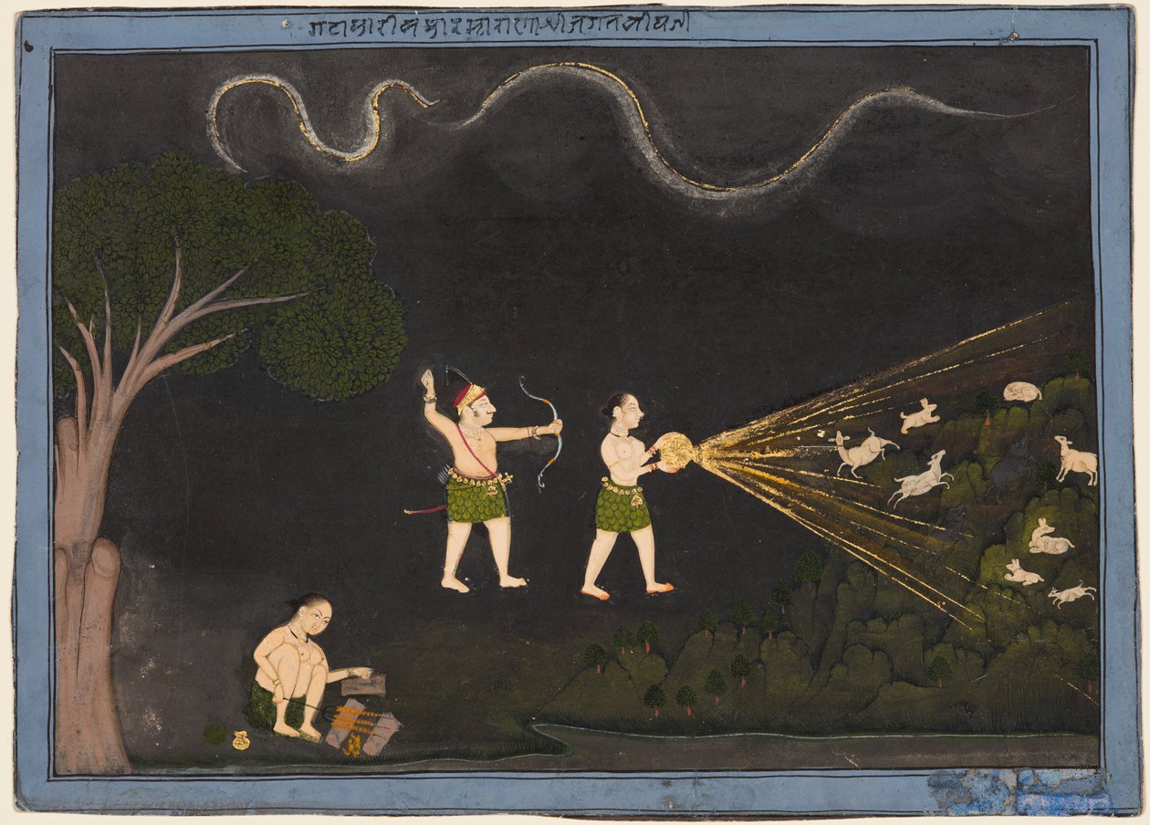 Maharana Jagat Singh II av Mewar (f. 1734–51) Kledd som en Bhil, jakter hjort om natten av Unknown artist