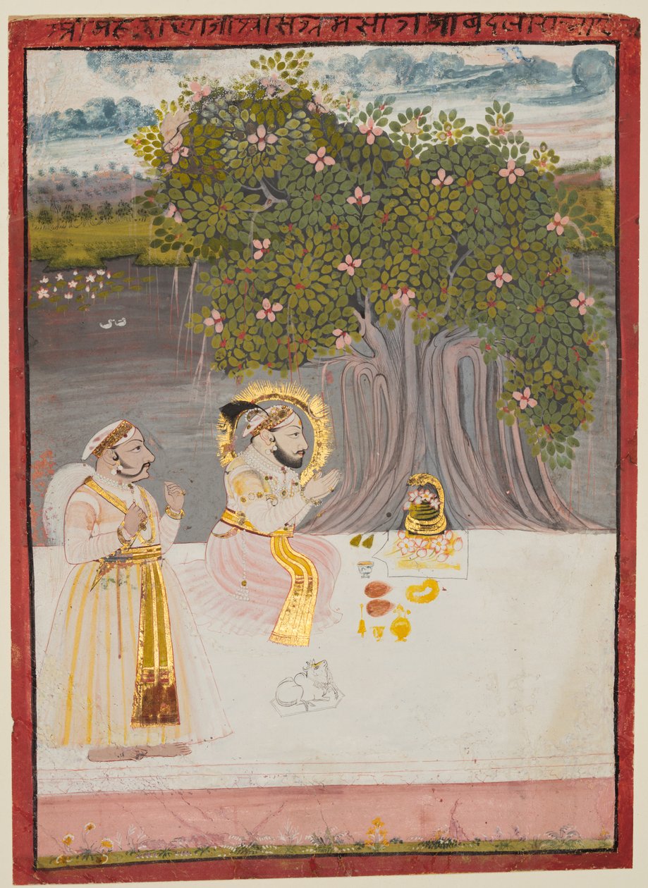 Maharana Sangram Singh II (r. 1710–34) Å tilbe en Linga under et Banyan-tre av Unknown artist