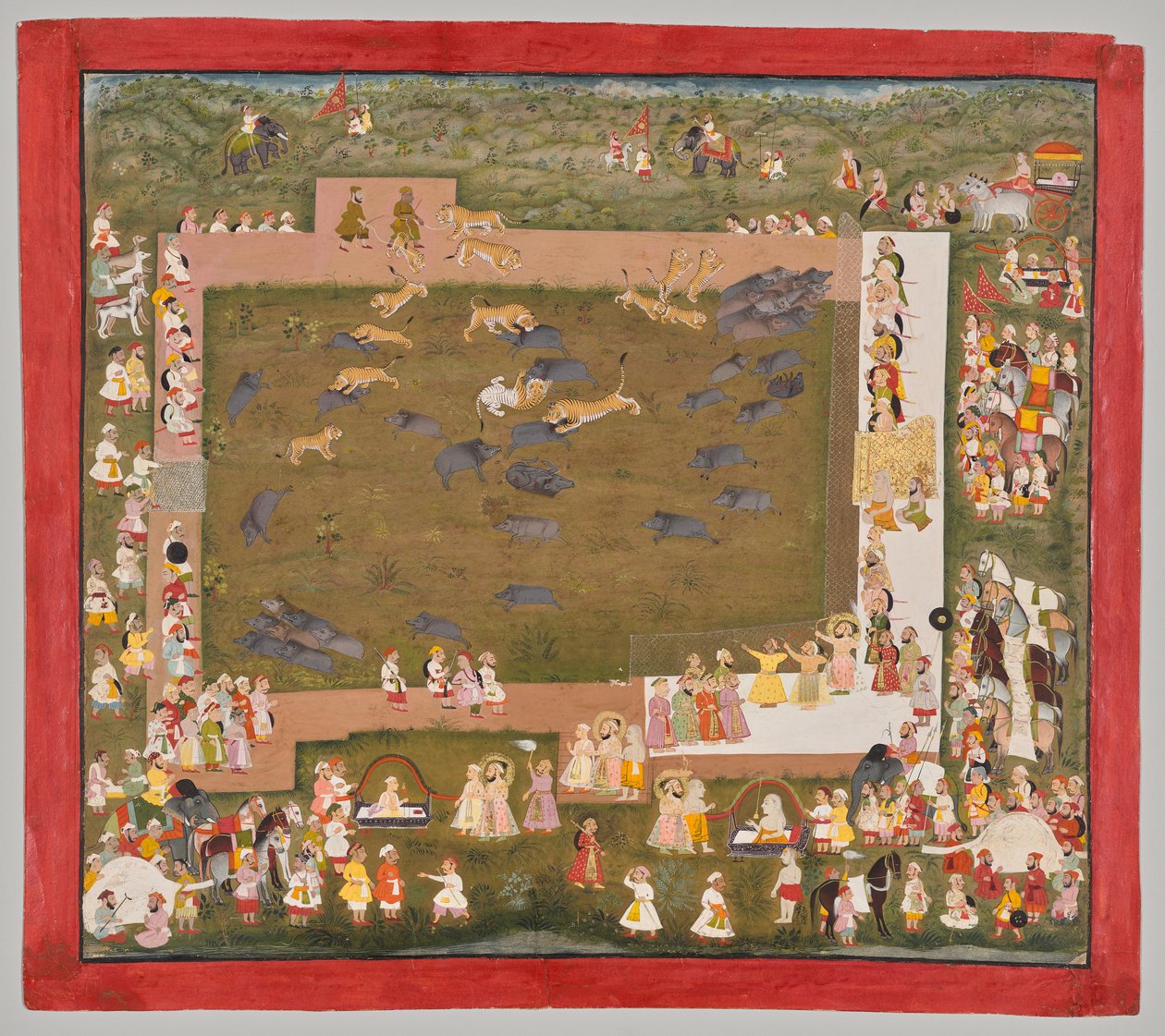 Maharana Sangram Singh II av Mewar (r. 1710–34) og iscenesetter en villsvinjakt med tigre ved Sadri av Unknown artist