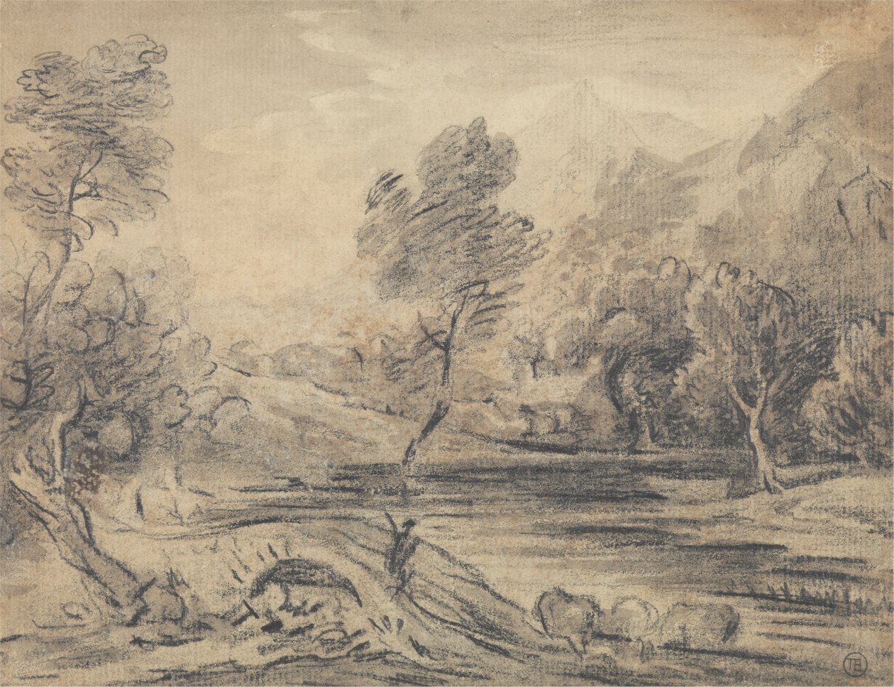 Mann krysser pukkelbro over en elv med storfevanning av Unknown artist