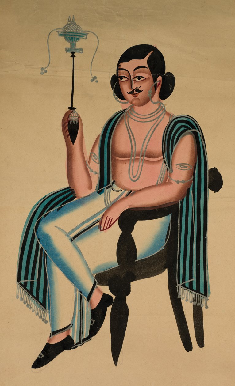 Mann som sitter i en europeisk stol og røyker en Margila-pipe av Unknown artist