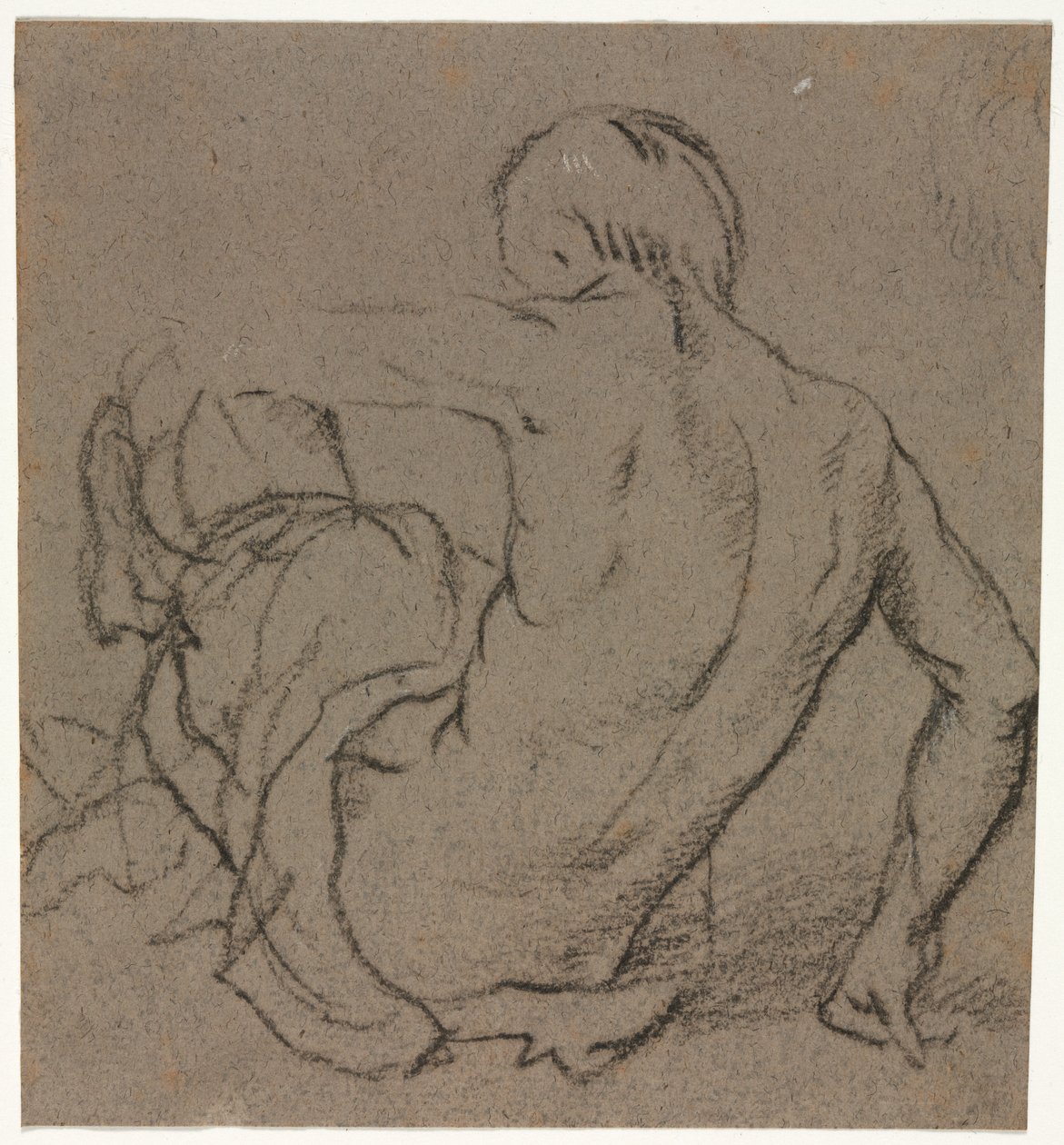 Mann sittende på bakken, sett bakfra (recto) av Unknown artist