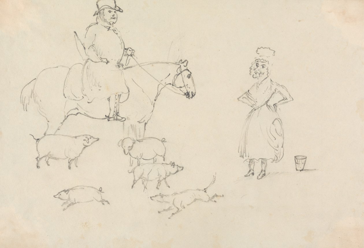 Mann på hest, med griser av Unknown artist