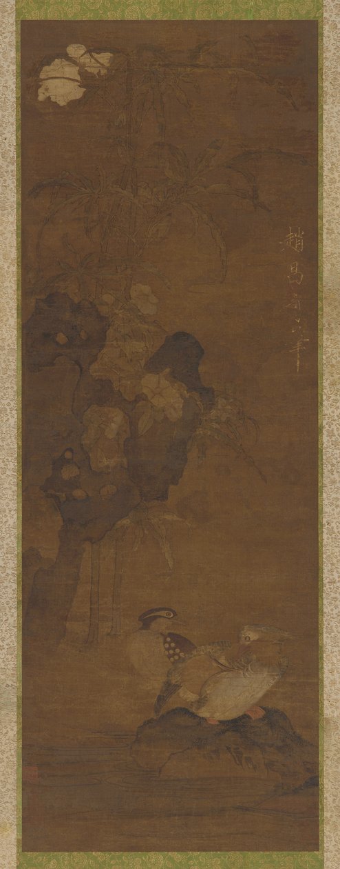 Mandarinender, steiner og en blomstrende plante av Unknown artist