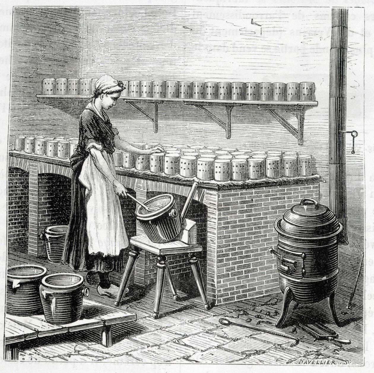 Produksjon av camembertost (ostemasse helles i blåskjell) - i "" Industriens underverk"" av Louis Figuier av Unknown artist