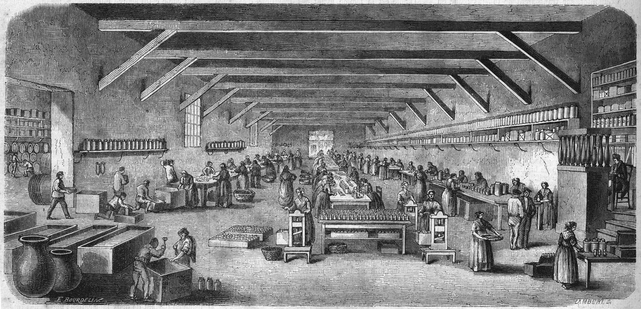 Produksjon av sennep og hermetikk hos Louit freres i bordeaux. Flasker og pakkerom. Gravering fra 1865. av Unknown artist
