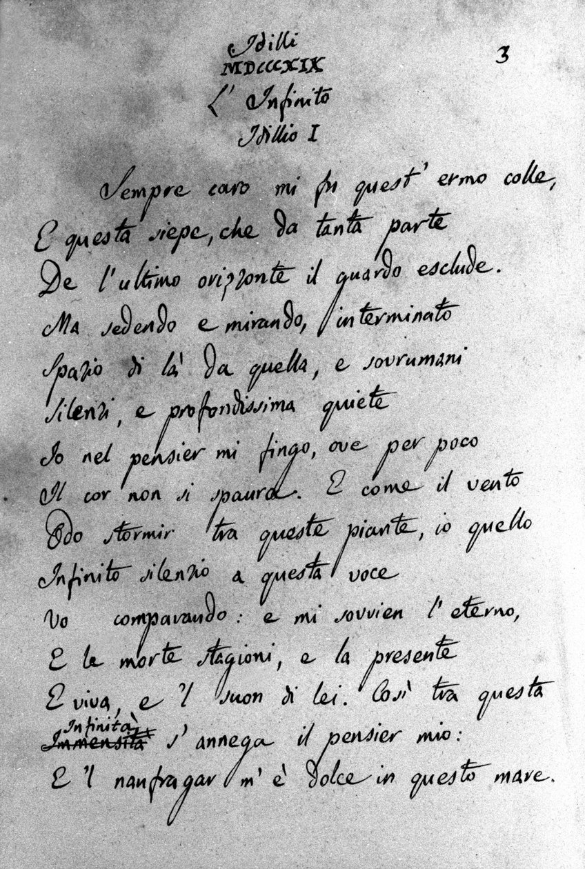 Manuskript av "" Idilli"" (Idyllene) av den italienske poeten Giacomo Leopardi (1798 - 1837) 1800-tallet av Unknown artist