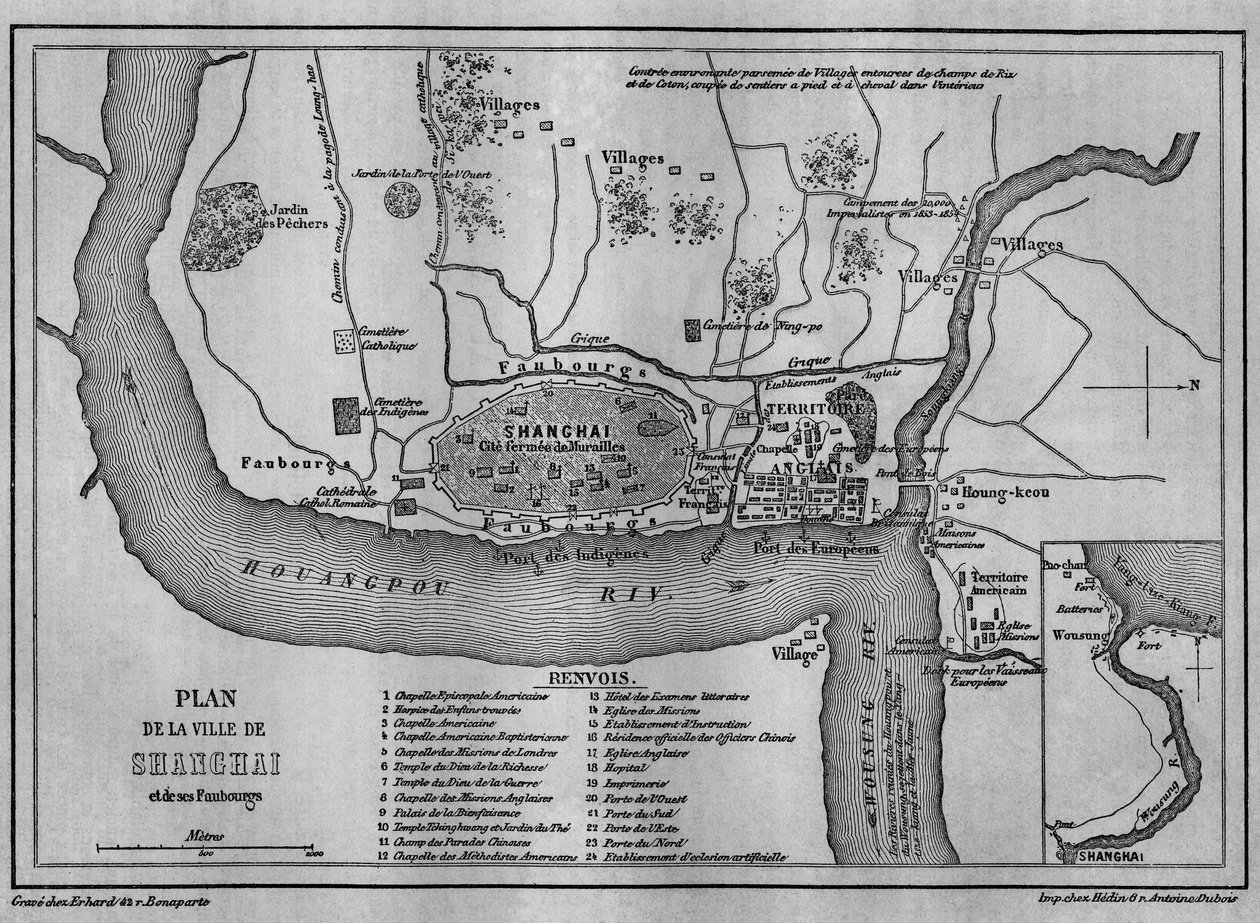 Kart over Shanghai City i 1860, utsikt over den kinesiske gamlebyen og utenlandske konsesjoner i 1860. Kart i "" Le Tour du Monde, Nouveau journal des Voyages", redigert av Edouard Charton, Paris av Unknown artist