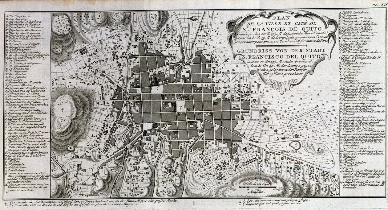 Kart over byen og byen St François de Quito - i "" Historical Journey of South America utført etter ordre av kongen av Spania av Don George Juan og Don Antoine de Ulloa"", T.1, ved C.A. Jombert, Librairie du Roi, Paris av Unknown artist
