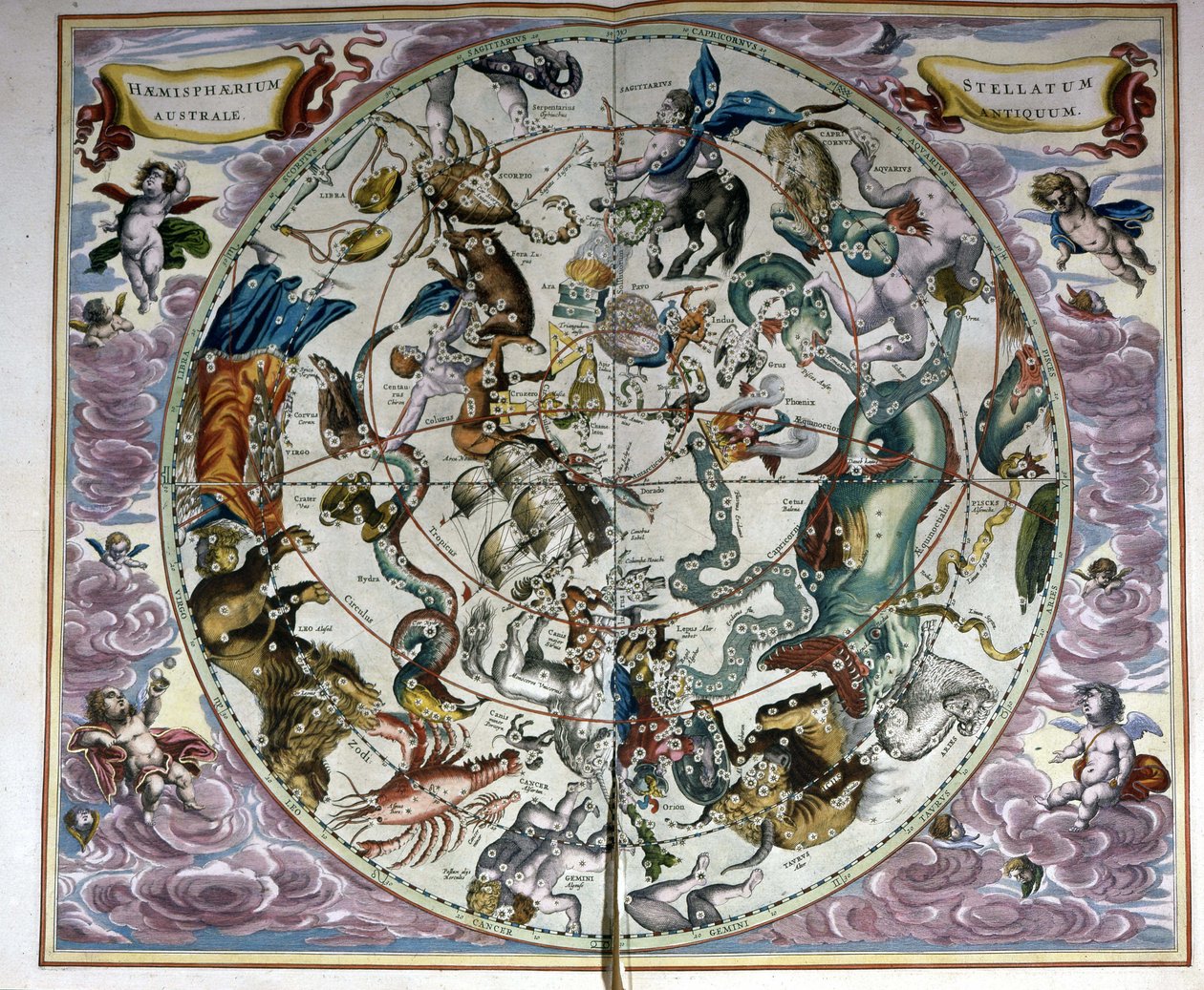 Kart over himmelen og dyrekretsen - faksimile av en eldgammel komposisjon som representerer stjernebildene på den sørlige himmelen, ifølge "Harmonia Macrocosmica" av André Cellarius av Unknown artist