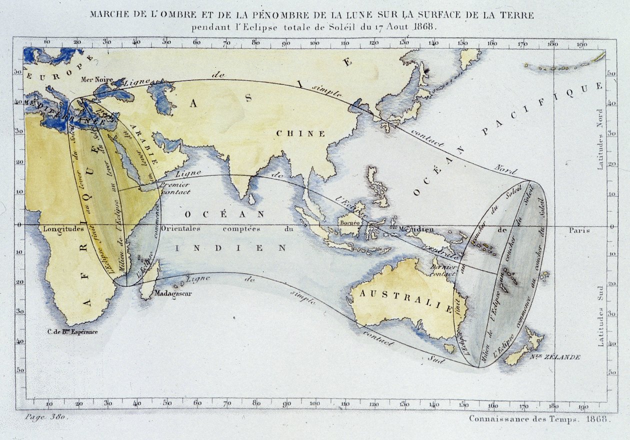 Kart, utgitt av Bureau of Longitudes, som viser marsj av månens skygge og mørke på jordens overflate under formørkelsen i 1868 av Unknown artist