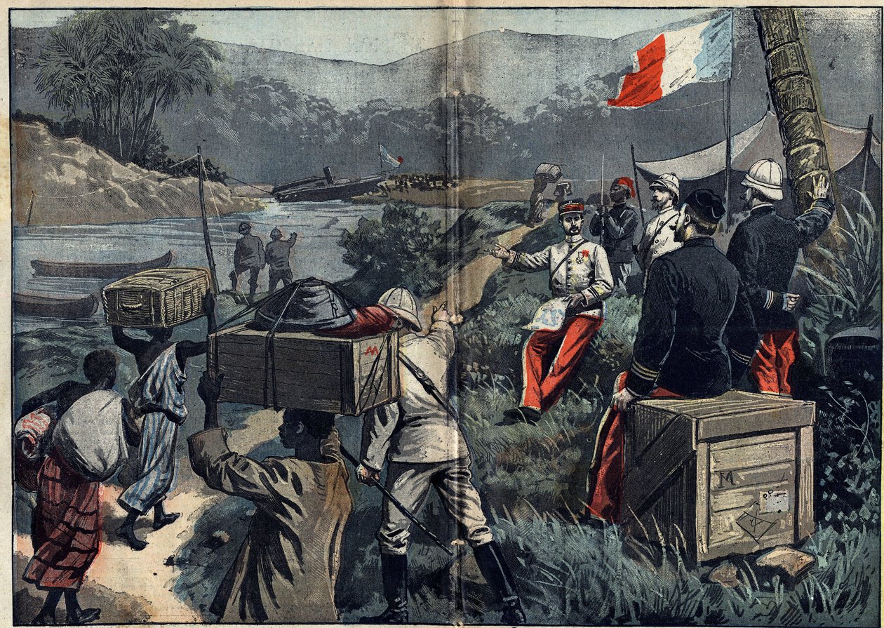 Marchand Mission in Africa (1896-1899): the expedition taking possession of the Upper Nile in 1898. Launch of the demontable steam “” le Faidherbe”” on the M