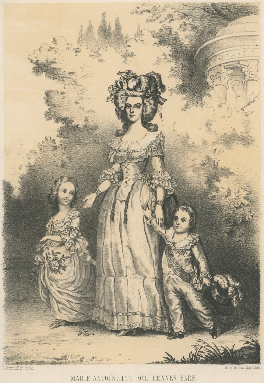 Marie-Antoinette går med barna sine (litho) av Unknown artist