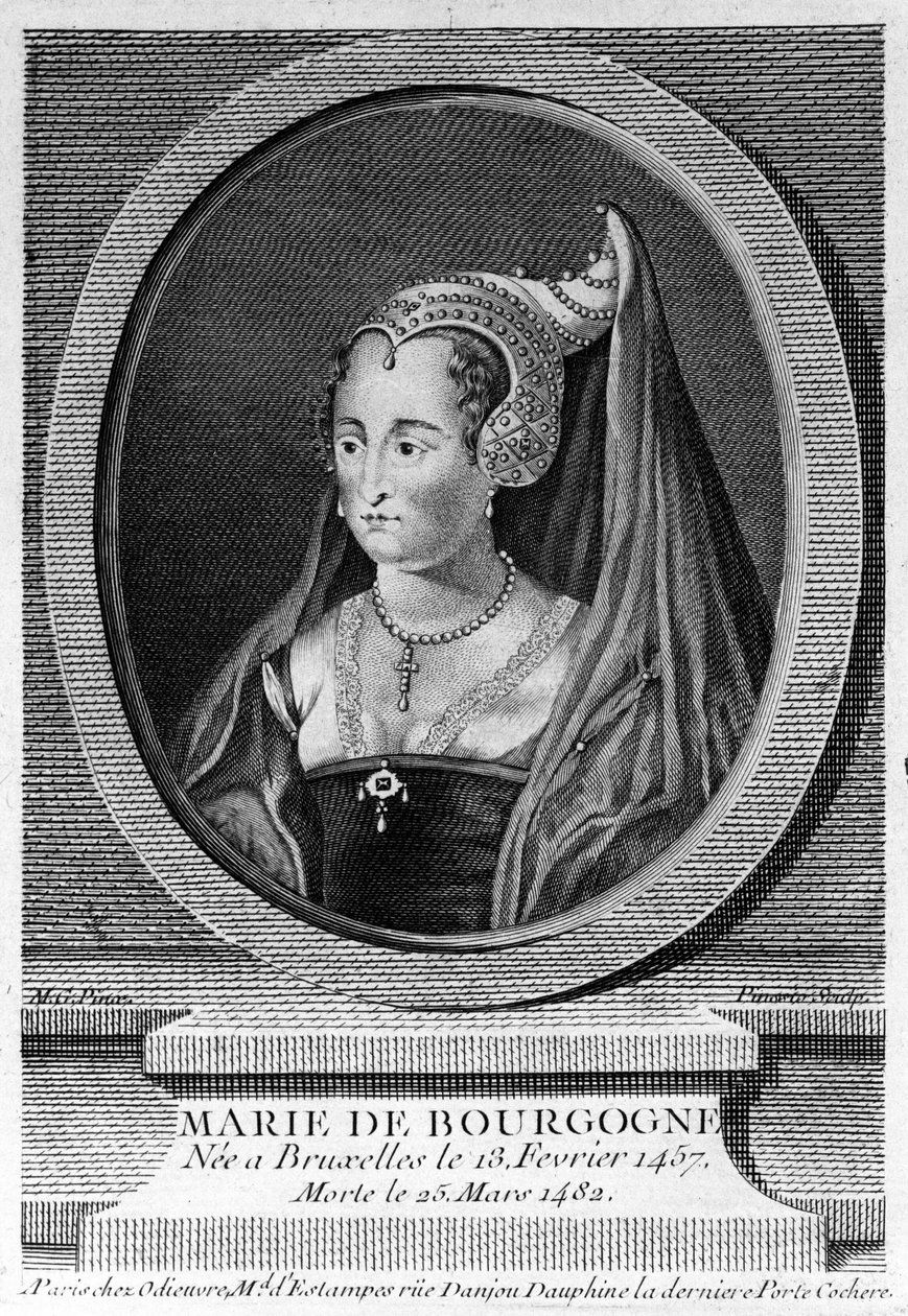 Marie av Burgund (1457 - 1482), datter av Karl den dristige og kone til Maximilian av Østerrike. 1800-talls gravering. av Unknown artist