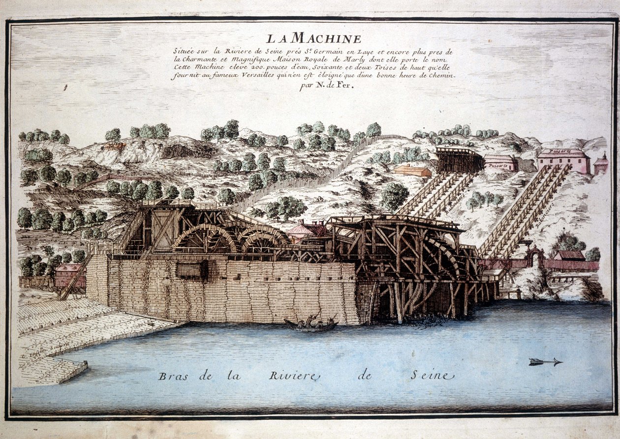 Marly de Rennequins maskin pleide å kjøre vannet i Seinen til Versailles via Marly-akvedukten. Gravering fra 1700. av Unknown artist