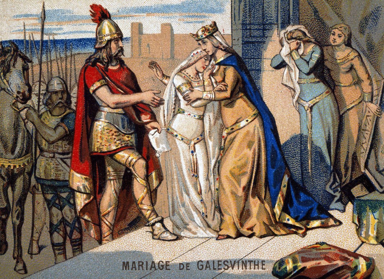Ekteskap med Galeswinthe (567): forlater Galeswinthe for å gifte seg med Chilperic, leder av Neustrians Francs. Kromolitografi av serien "" Patriotisk undervisning etter bilde"". av Unknown artist