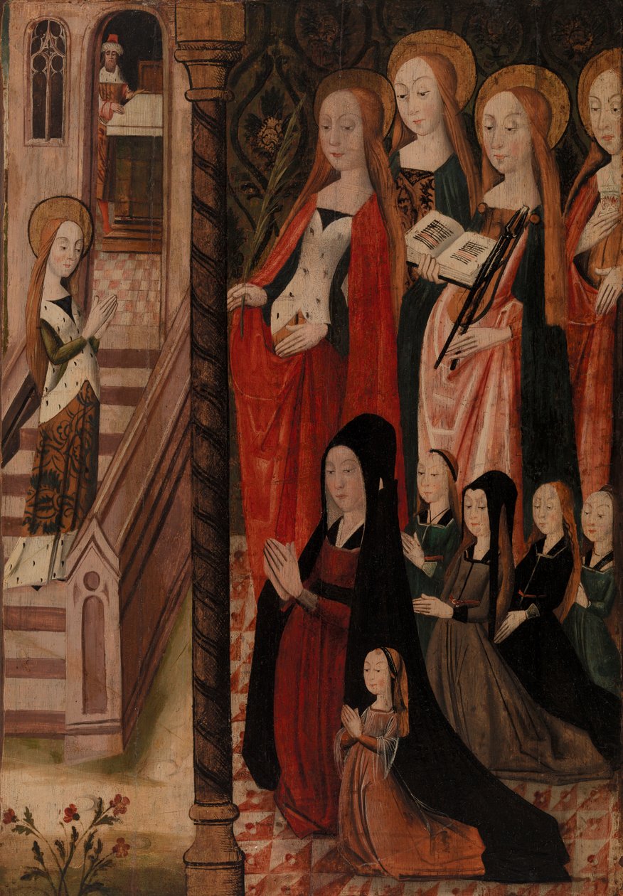 Mary går til templet, fire kvinnelige hellige og en kvinnelig giver og hennes døtre av Unknown artist