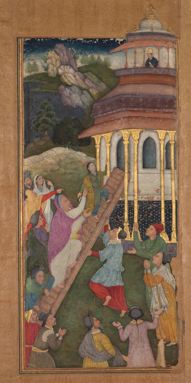 Maria stiger opp trappene til templet, fra et hellighetsspeil (Mir’at al-quds) av far Jerome Xavier av Unknown artist