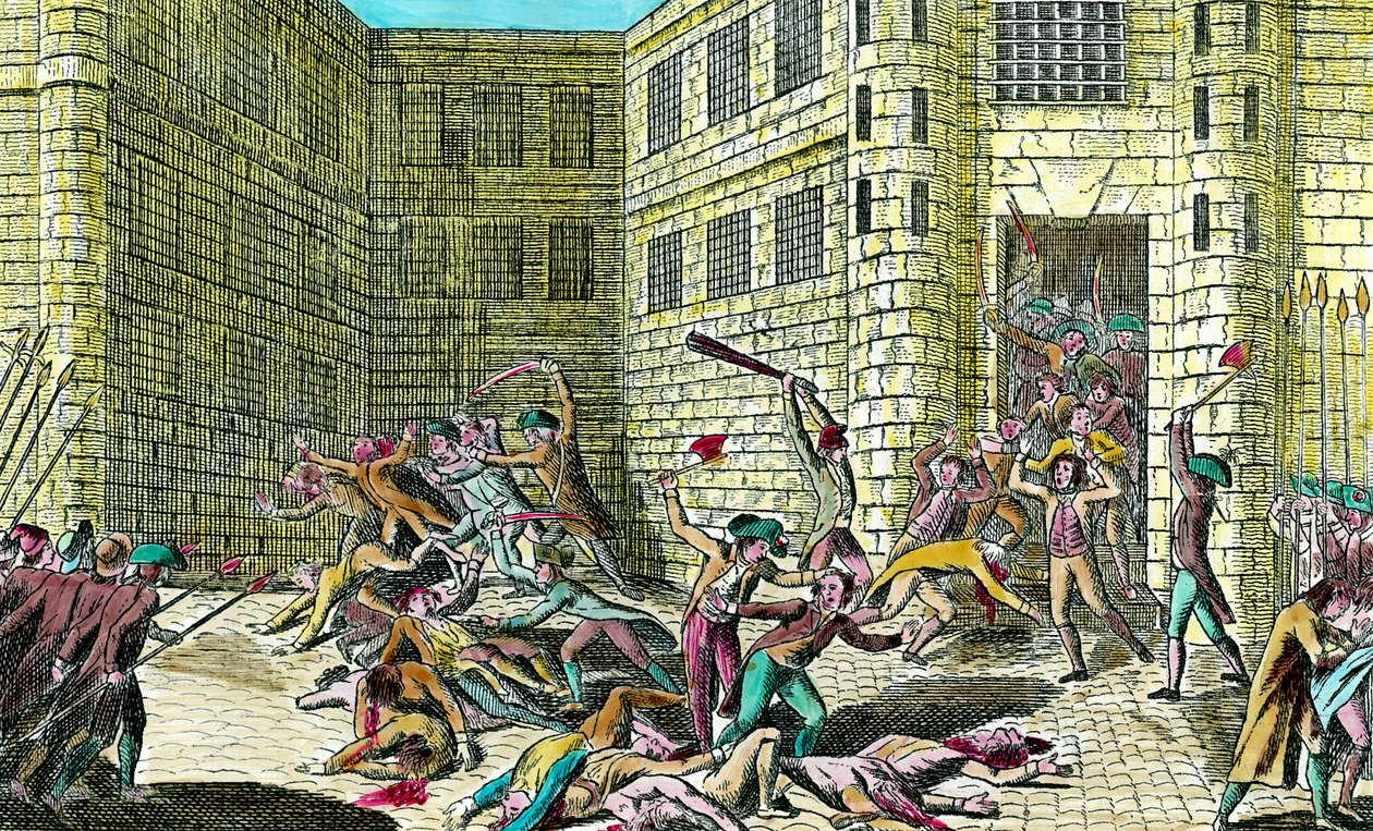 Massakre på fangene i Saint Germain-klosteret av folket i september 1792. Scene for den franske revolusjonen. Gravering fra 1700-tallet. Privat samling. av Unknown artist