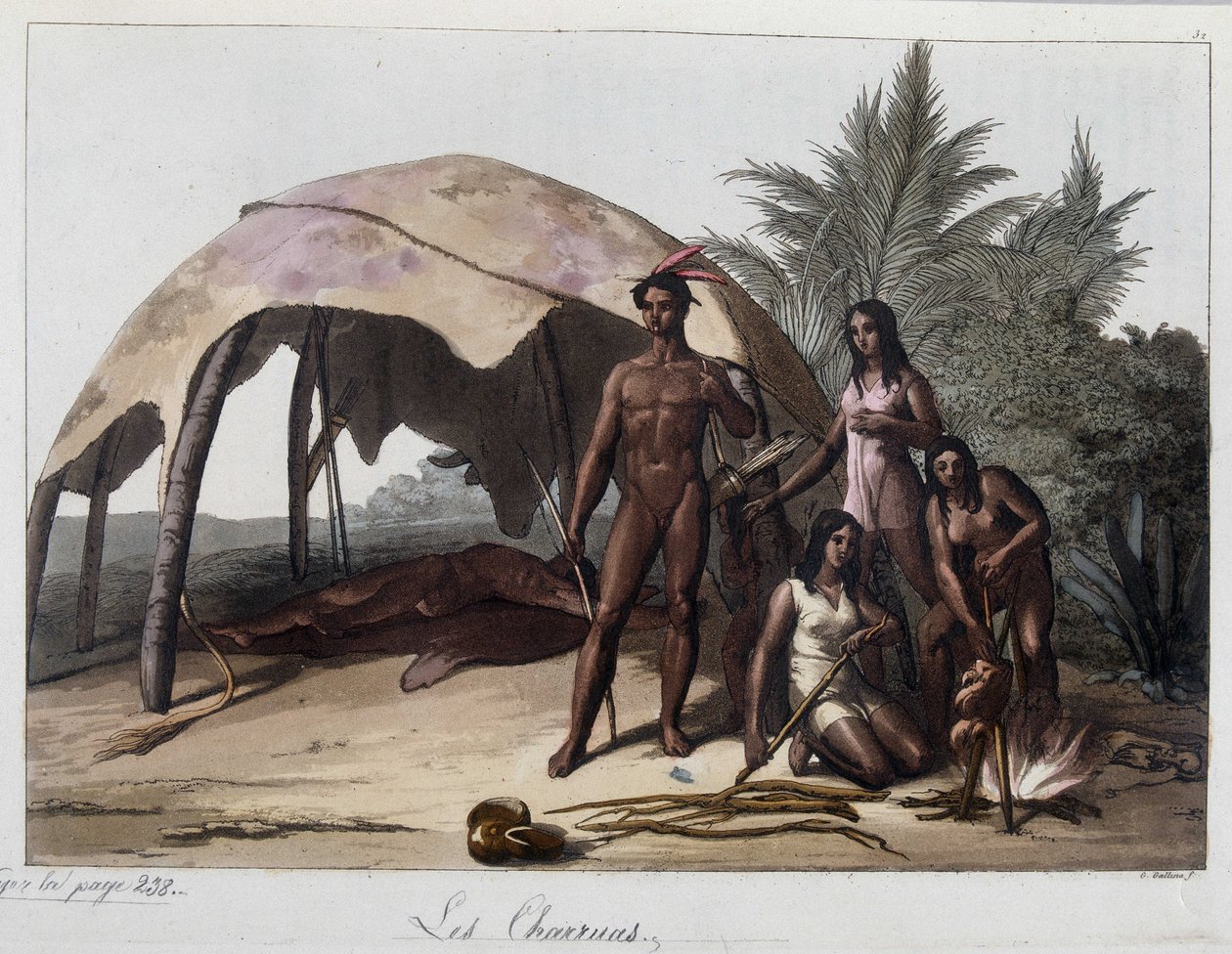 Måltider på charruas, indianere i Paraguay. I "" The Old and Modern Costume"" 1818-1820, av Ferrario. av Unknown artist