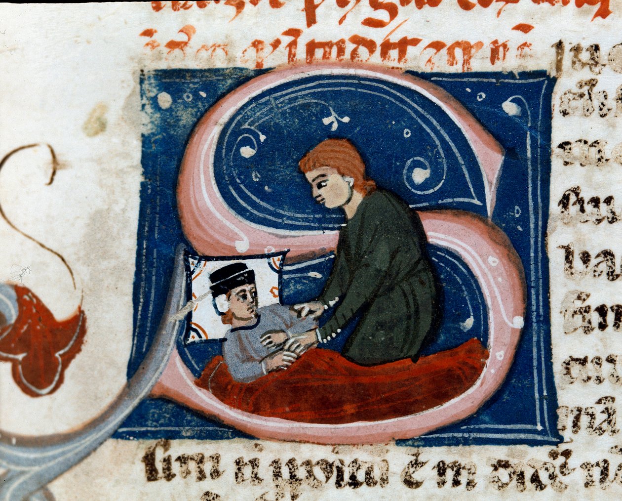Medisin: syk person helbreder hjemme. Detalj. Manuskriptside (ms.d.xxv) “” Treat of Galien”” (Trattato di Galeno) oversatt av Nicola da Reggio, filologlege. Cesena fra 1300-tallet, Biblioteca Malatestiana av Unknown artist