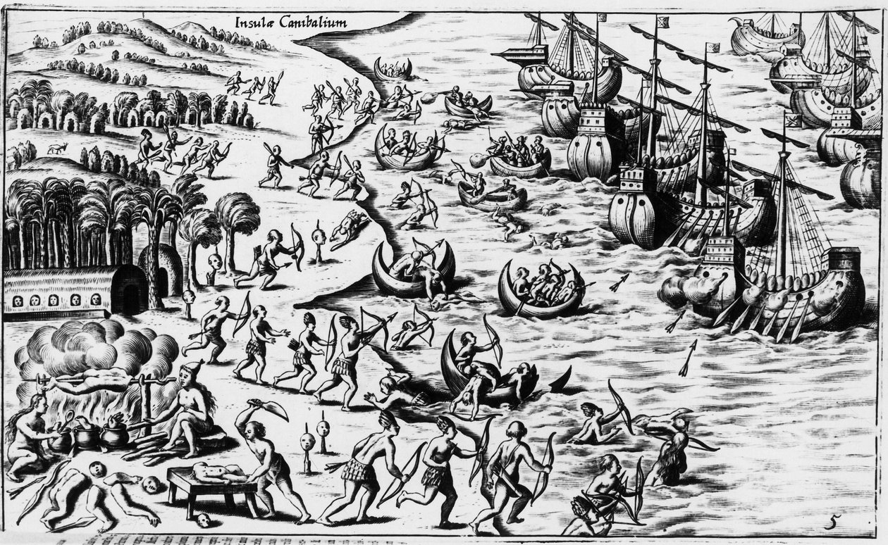 Møte mellom folket til Christopher Columbus og kannibalene - i "Nova Tipus Transacto Navigatio Novi Orbi"" av Philoponus Honorius av Unknown artist