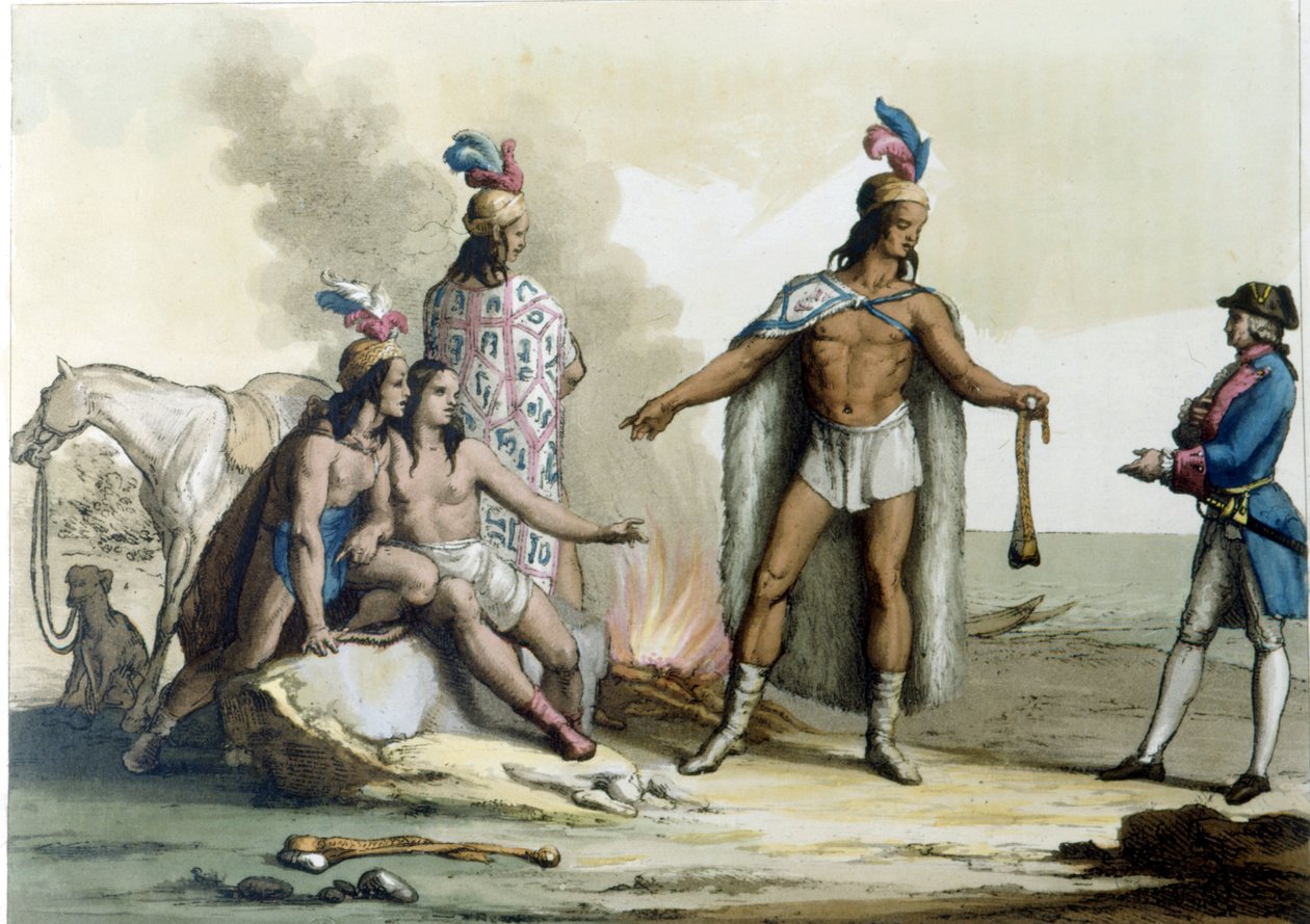 Møte mellom en vestlending med indianerne i Patagonia. av Unknown artist