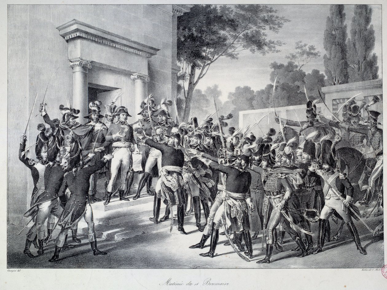 Møte for generaler og offiserer i Napoleon Bonaparte (1769-1821) rundt kl. 07.00 om morgenen den 18. brumaire Coup d