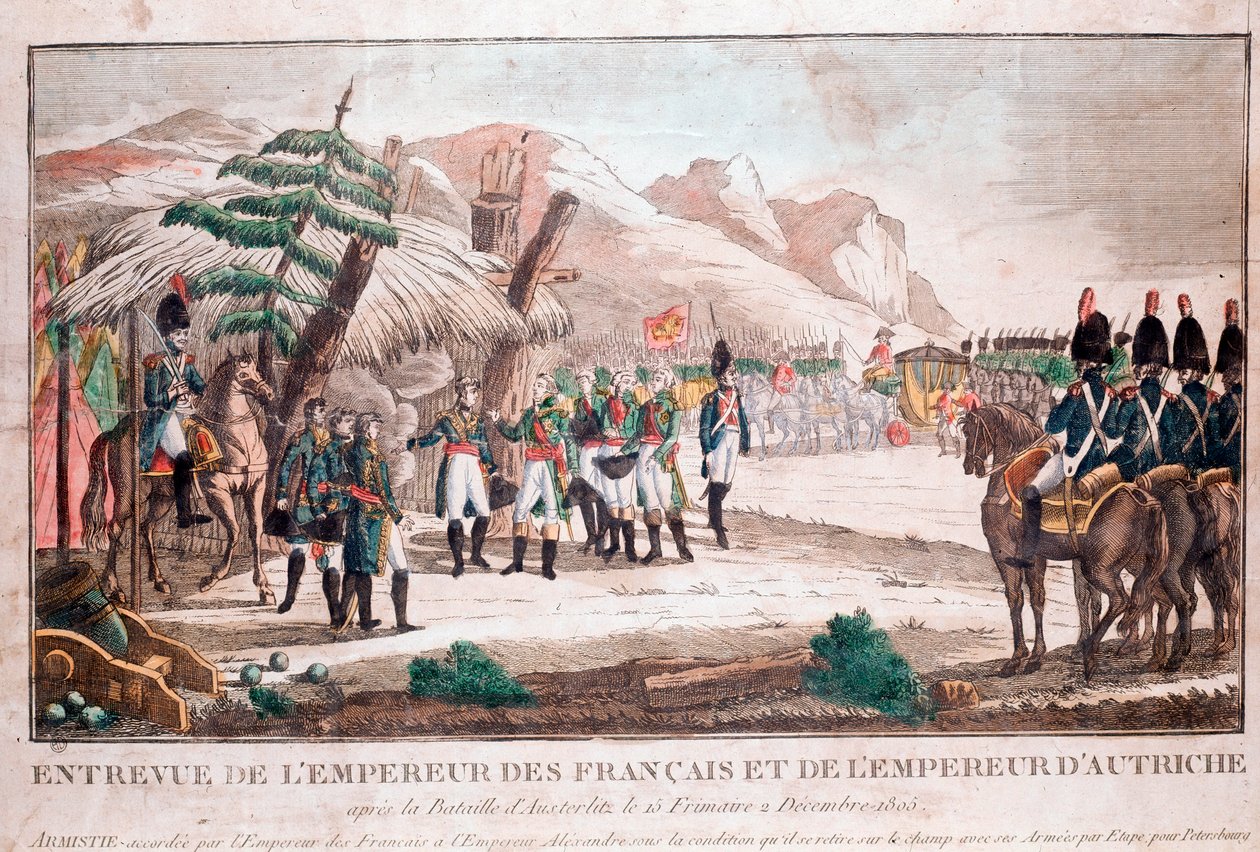 Møte mellom to keisere etter slaget ved Austerlitz, 4. desember 1805 (Napoleon Bonaparte og Frans II, den hellige romerske keiseren) (Gravering av Unknown artist