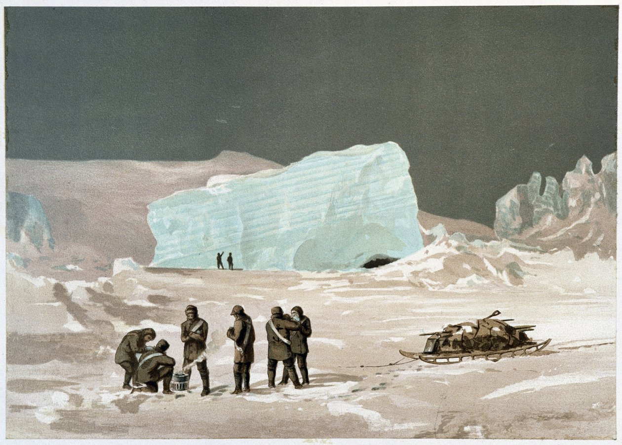 Menn og slede på isen - i "" The shores of the polar sea, an Arctic expedition narration"", av Dr. Edward Moos, Marcus Nard & Co, London av Unknown artist