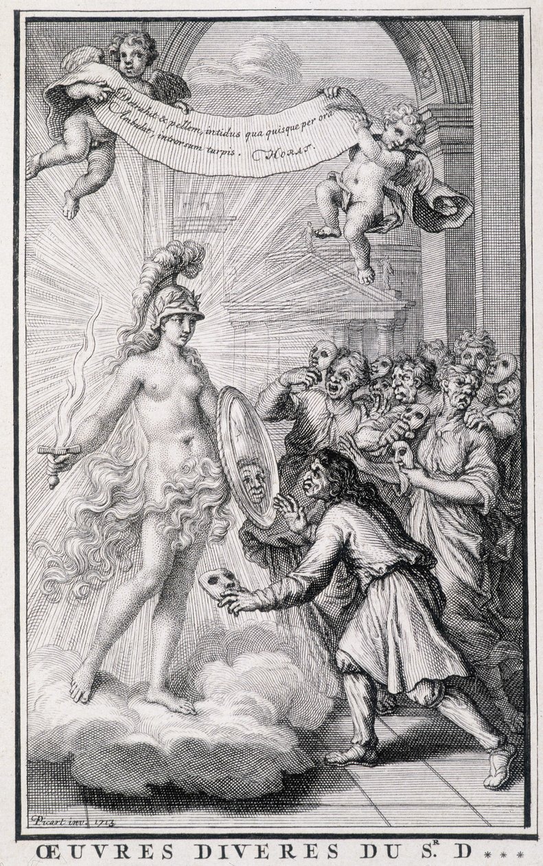 Menn ser på seg selv uten maskene foran speilet av allegorien om sannheten. Gravering fra 1700-tallet. av Unknown artist
