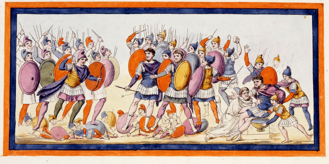 Menelas (til høyre), en gresk kriger har nettopp blitt såret av en pil fra en alliert av trojanerne. Iliaden, sang IV. Gravering fra slutten av 1700-tallet. av Unknown artist
