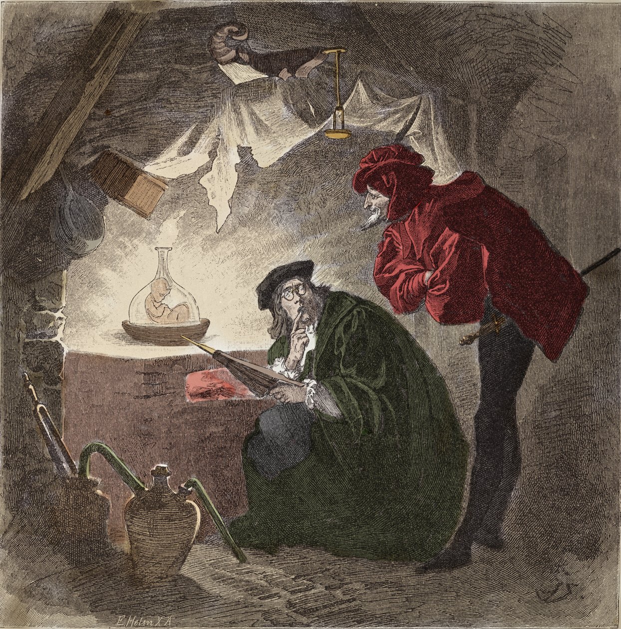 Mephistopheles (Mephisto) a Faust Illustration de "" Faust"" av Johann Wolfgang von Goethe (1749-1832) (Illustrasjon for "" faust""" av Goethe) Gravering av Unknown artist