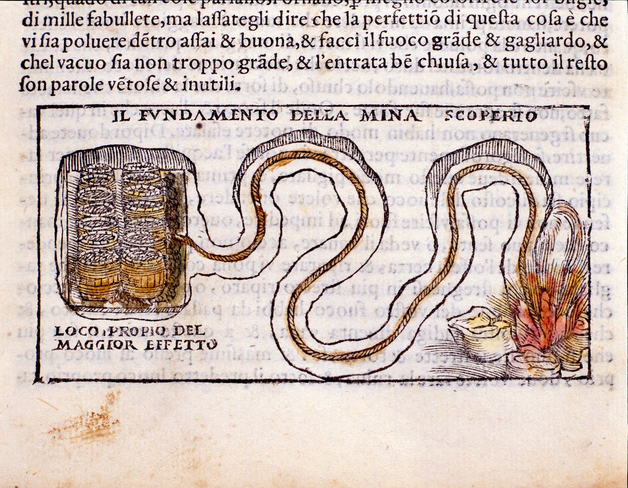 Militær strategi: skildring av et underjordisk galleri gravd under fundamentet til en fiendtlig festning og installasjon av eksplosiver. Gravering fra metallurgisk melking "" De la Pyrotechnia"" (eller Pirotechnia) av Vannoccio Biringuc av Unknown artist