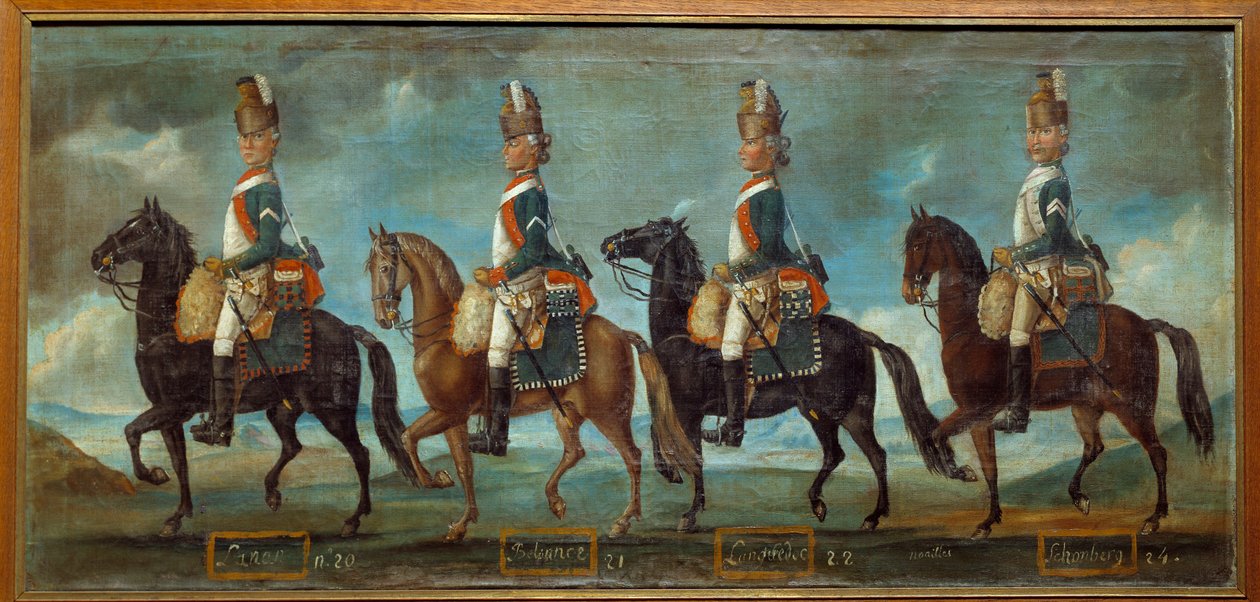 Militære uniformer av drager, i henhold til rekkefølgen av 1779: regimenter av Lanan (n. 20), Belsunce (n. 21), Languedoc (n. 22), Schomberg (n. 24) Anonymt maleri av 1779. Paris, Musee de l