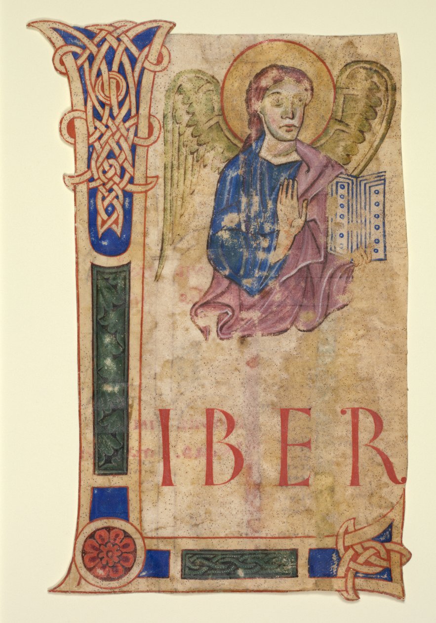 Miniatyr utskåret fra en evangeliebok: Symbolet for St. Matteus (recto) og kanontabeller (verso) av Unknown artist
