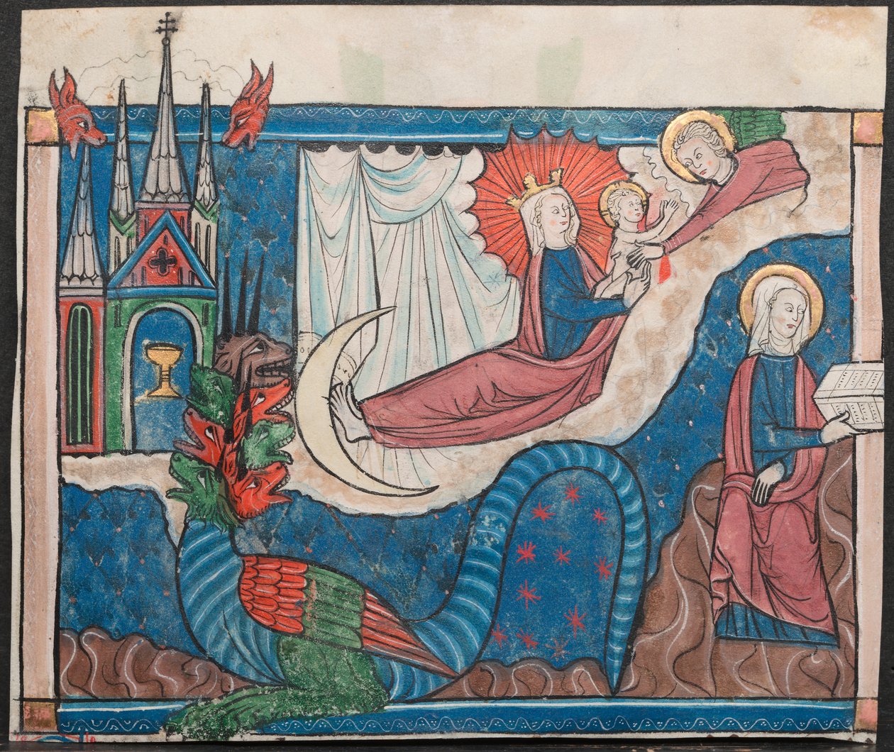 Miniatyr fra et manuskript av apokalypsen: kvinnen kledd med solen av Unknown artist