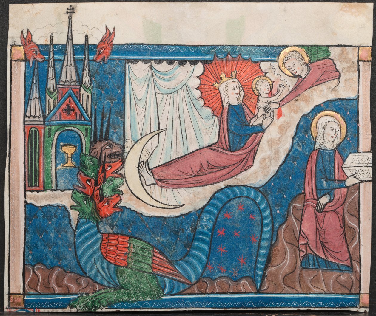 Miniatyr fra et manuskript av apokalypsen: kvinnen kledd med solen og krigen i himmelen av Unknown artist