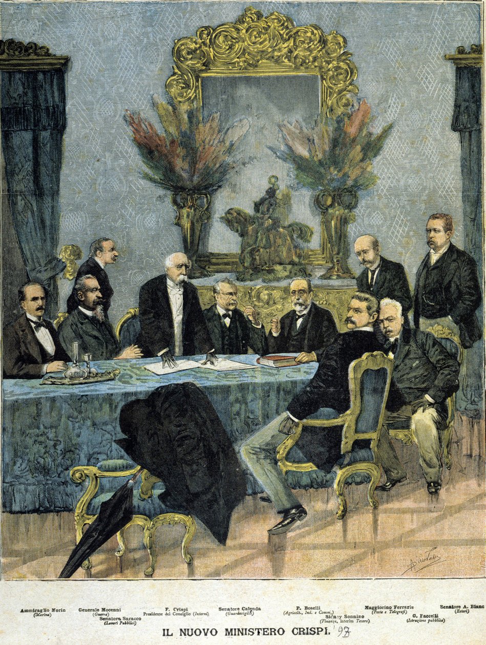 Ministre for den nye "Crispi"-regjeringen: fra venstre til høyre admiral Morin, general Mocenni, Francesco Crispi, senator Calenda, P. Boselli, Sidney Sonnino, Maggiorino Ferraris, G. Faccelli og senator A. Blanc av Unknown artist