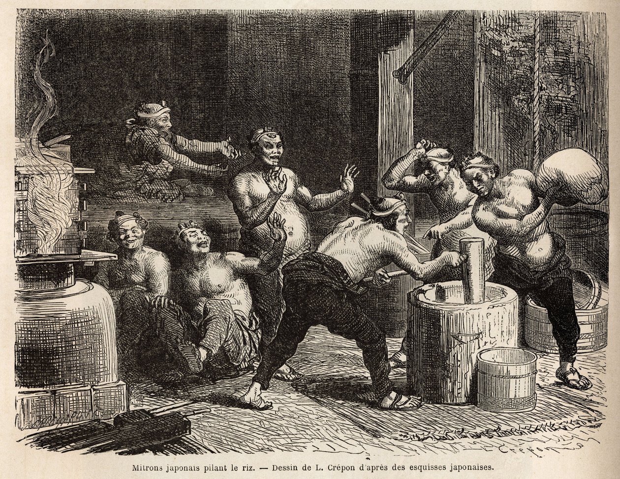 Mitroner banker ris, før den brygges for å lage risøl. Gravering for å illustrere reisen til Japan, av Aime Humbert, minister for det sveitsiske konføderasjonen, i 1863-1864, publisert i "" Le tour du monde""" 1869, redigert av Edouard Charton, utgave Hach av Unknown artist